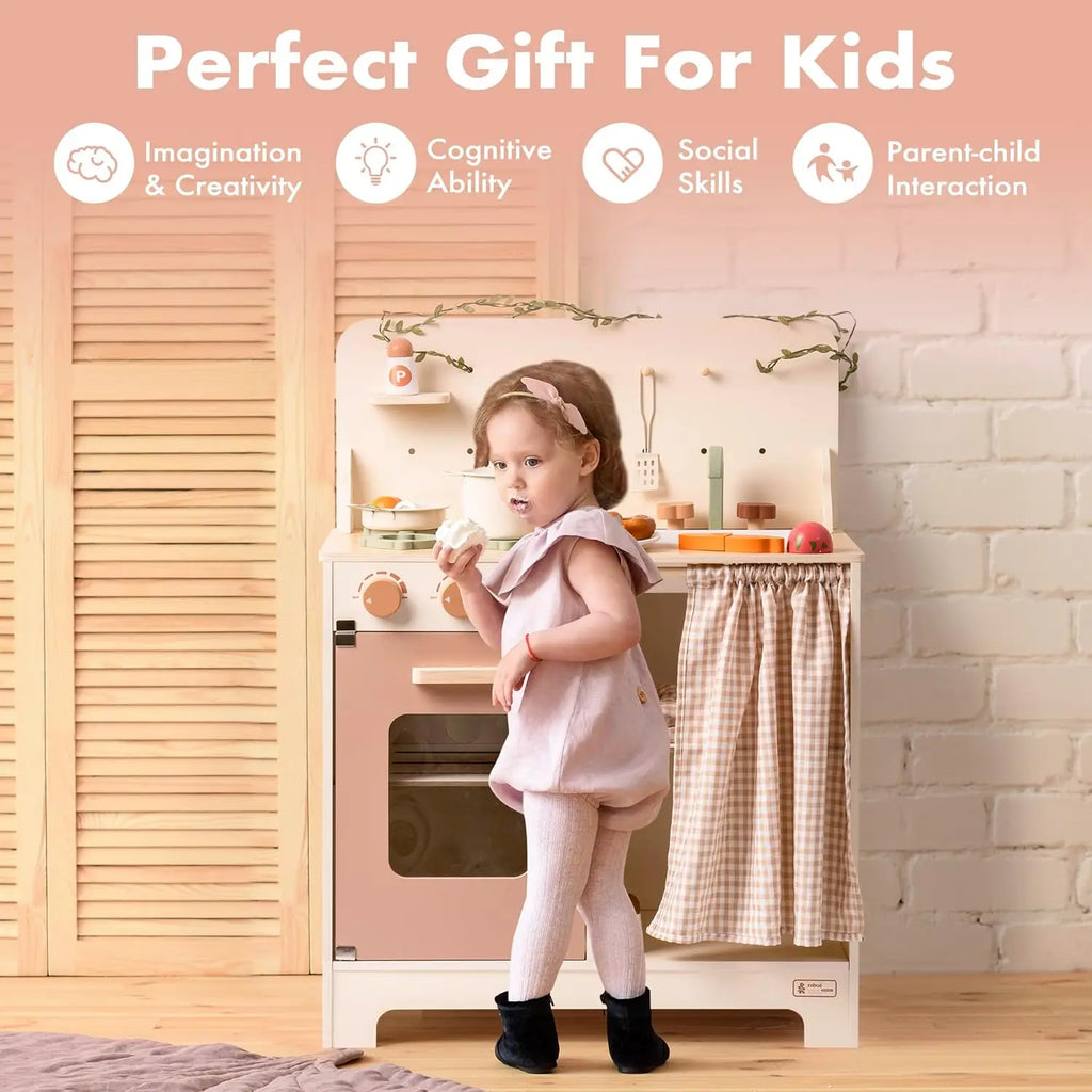 Robotime Robud  Kids Play Kitchen Set Rustic Wooden Kitchen Pretend With Leaf Light String Apron for Toddlers 3+ (Rustic Style)