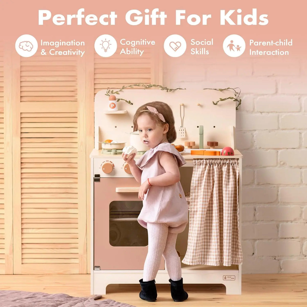 Robotime Robud  Kids Play Kitchen Set Rustic Wooden Kitchen Pretend With Leaf Light String Apron for Toddlers 3+ (Rustic Style)
