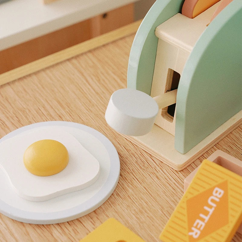 Wooden Toaster Toy Kids Bread Machine Kit Pretend Play Kitchen Toys Set Breakfast Educational Toys Gifts for Girls Boys