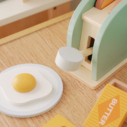 Wooden Toaster Toy Kids Bread Machine Kit Pretend Play Kitchen Toys Set Breakfast Educational Toys Gifts for Girls Boys
