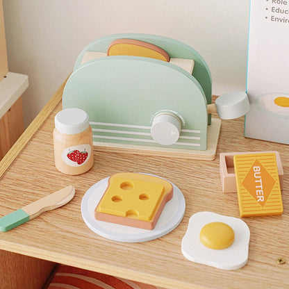 Wooden Toaster Toy Kids Bread Machine Kit Pretend Play Kitchen Toys Set Breakfast Educational Toys Gifts for Girls Boys