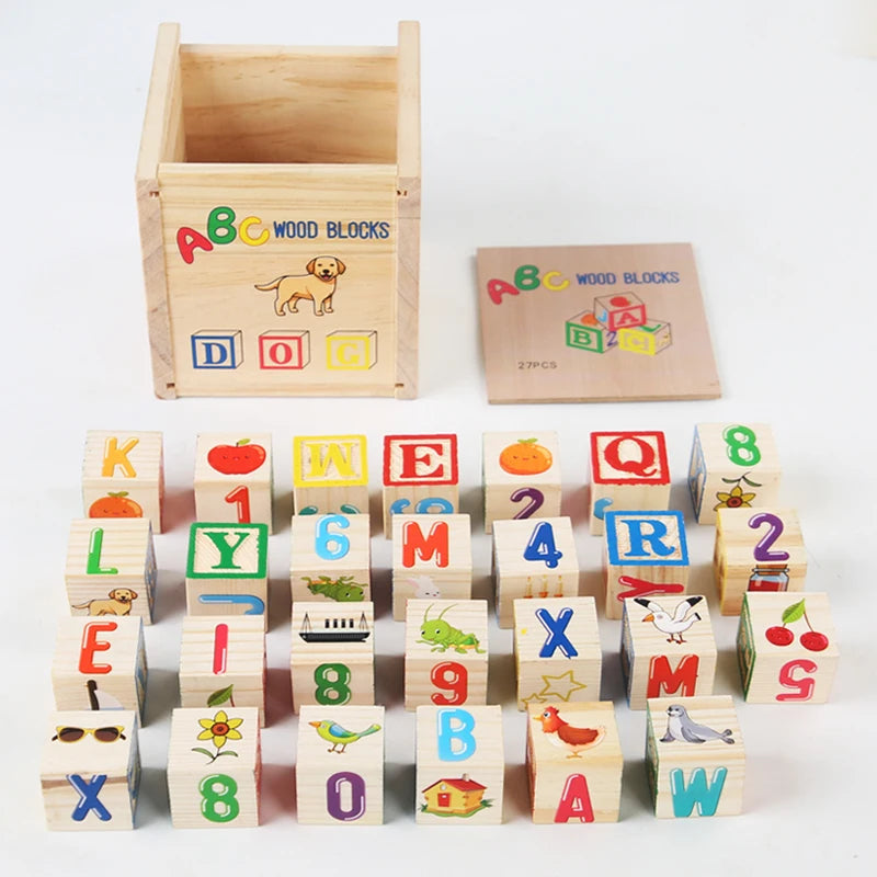 Wooden Educational Toys 27 Large Building Blocks ABC English Alphabet Number Cubes Wooden Wooden Box Storage