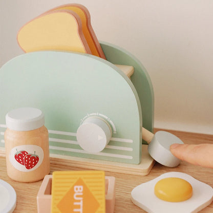 Wooden Toaster Toy Kids Bread Machine Kit Pretend Play Kitchen Toys Set Breakfast Educational Toys Gifts for Girls Boys